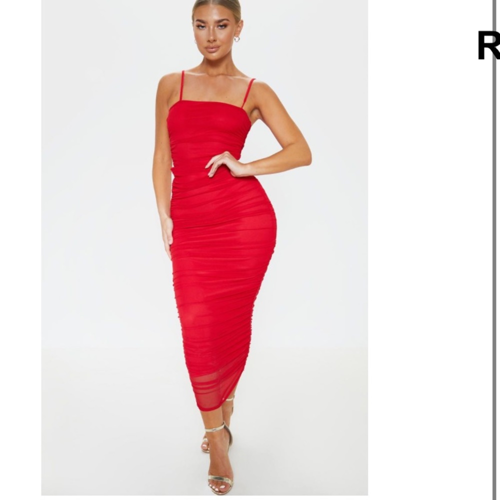 Red Strappy Mesh Ruched Midaxi Dress